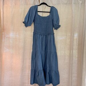 Blue Puff Sleeve Square Neck Midi Sundress